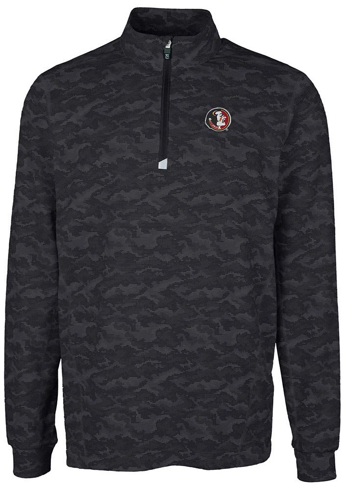 Cutter and Buck Florida State Seminoles Mens Black Traverse Camo Print Stretch Long Sleeve Qtr Z..