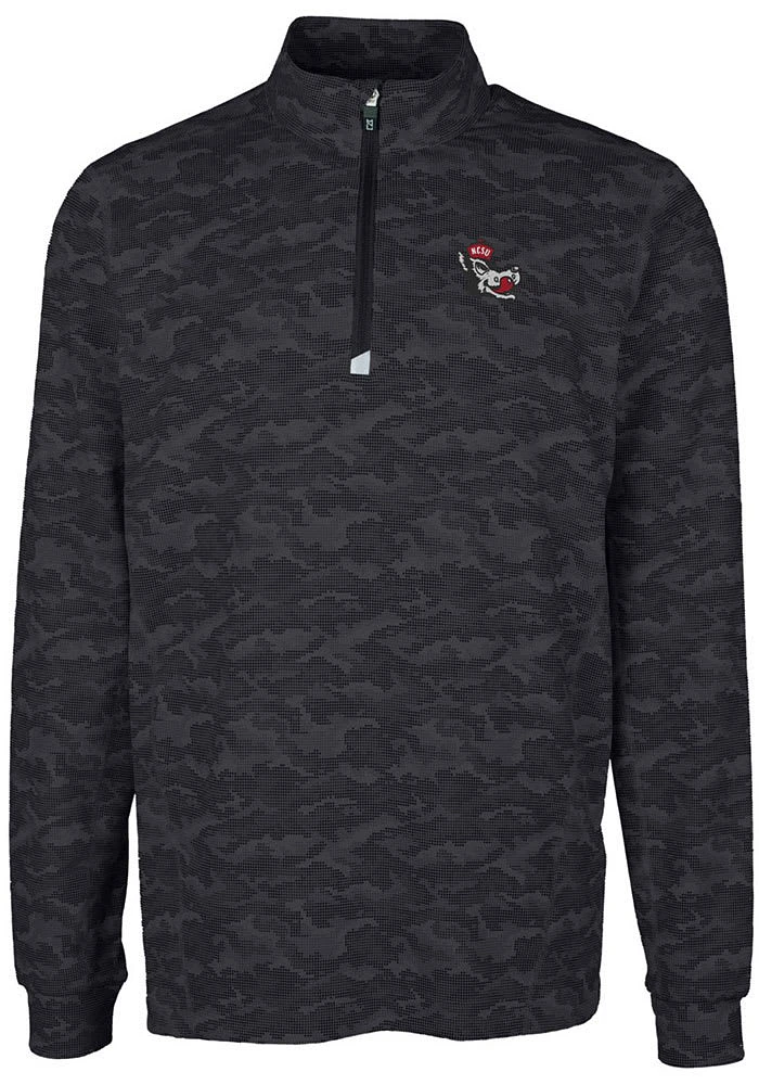 Cutter and Buck NC State Wolfpack Mens Black Traverse Camo Print Stretch Long Sleeve Qtr Zip Pul..