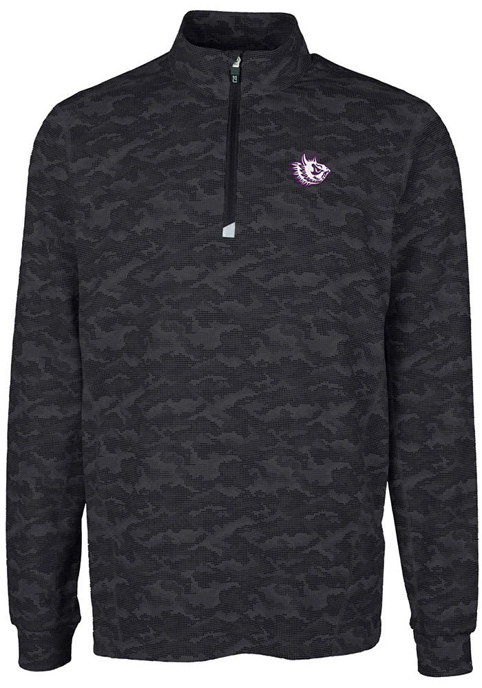 Cutter and Buck TCU Horned Frogs Mens Black Traverse Camo Print Stretch Long Sleeve Qtr Zip Pullov..