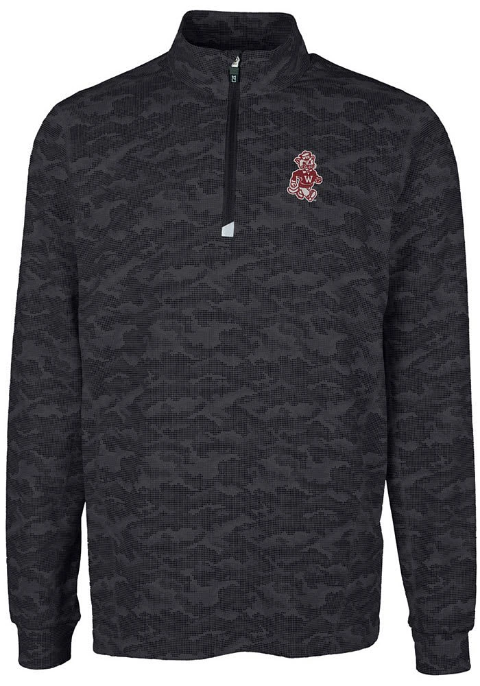 Cutter and Buck Washington State Cougars Mens Black Traverse Camo Print Stretch Long Sleeve Qtr ..