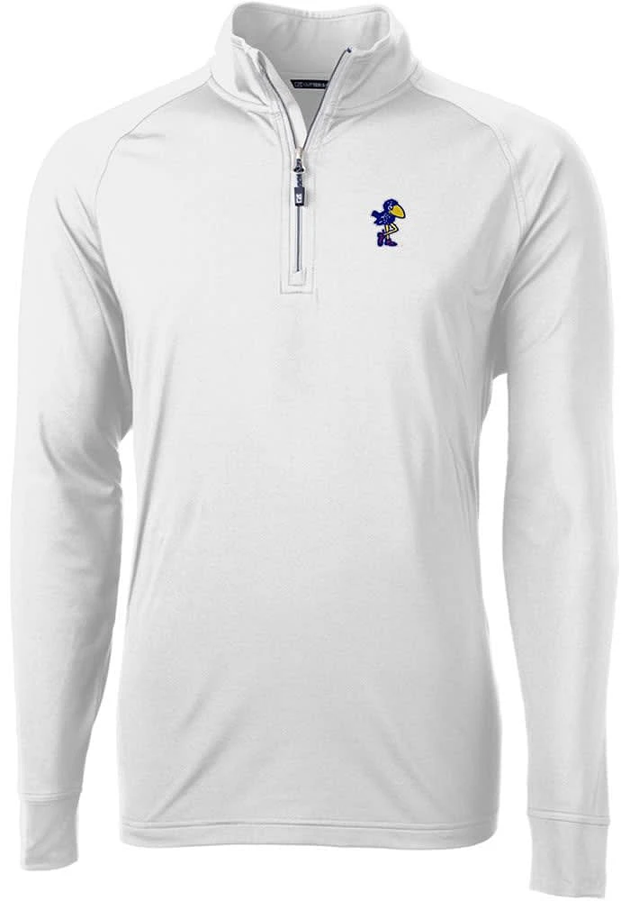 Cutter and Buck Kansas Jayhawks Mens White Vault Adapt Eco Knit Long Sleeve Qtr Zip Pullover