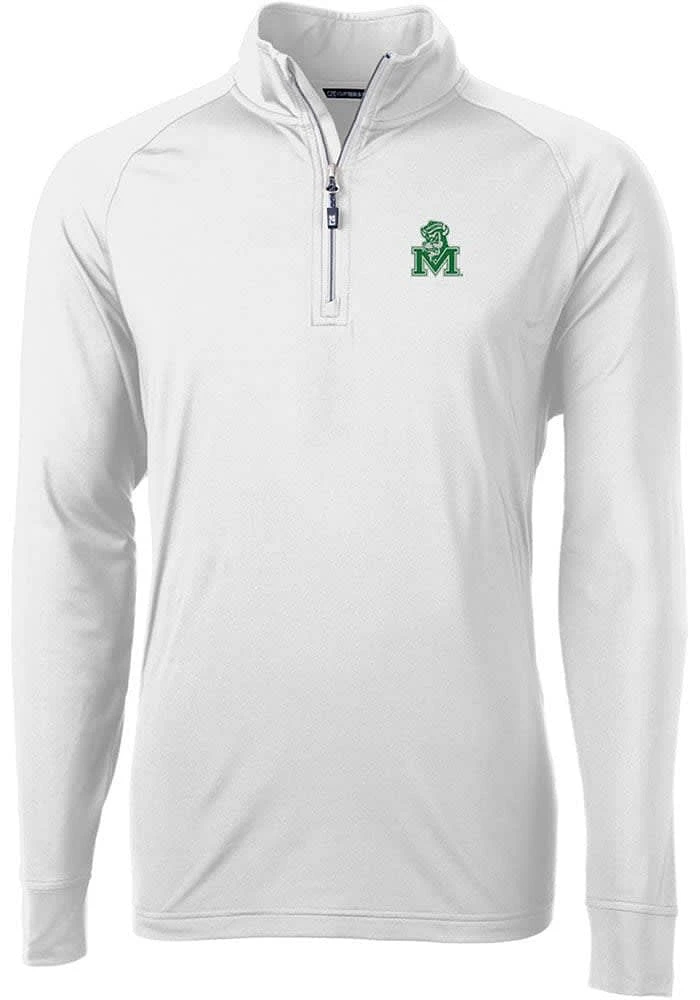 Cutter and Buck Marshall Thundering Herd Mens White Adapt Eco Knit Long Sleeve Qtr Zip Pullover