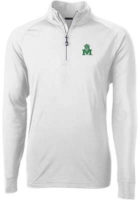 Cutter and Buck Marshall Thundering Herd Mens White Adapt Eco Knit Long Sleeve Qtr Zip Pullover