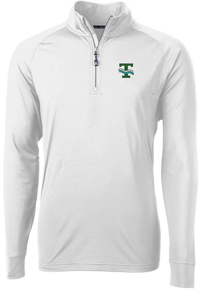 Cutter and Buck Tulane Green Wave Mens White Vault Adapt Eco Knit Long Sleeve Qtr Zip Pullover