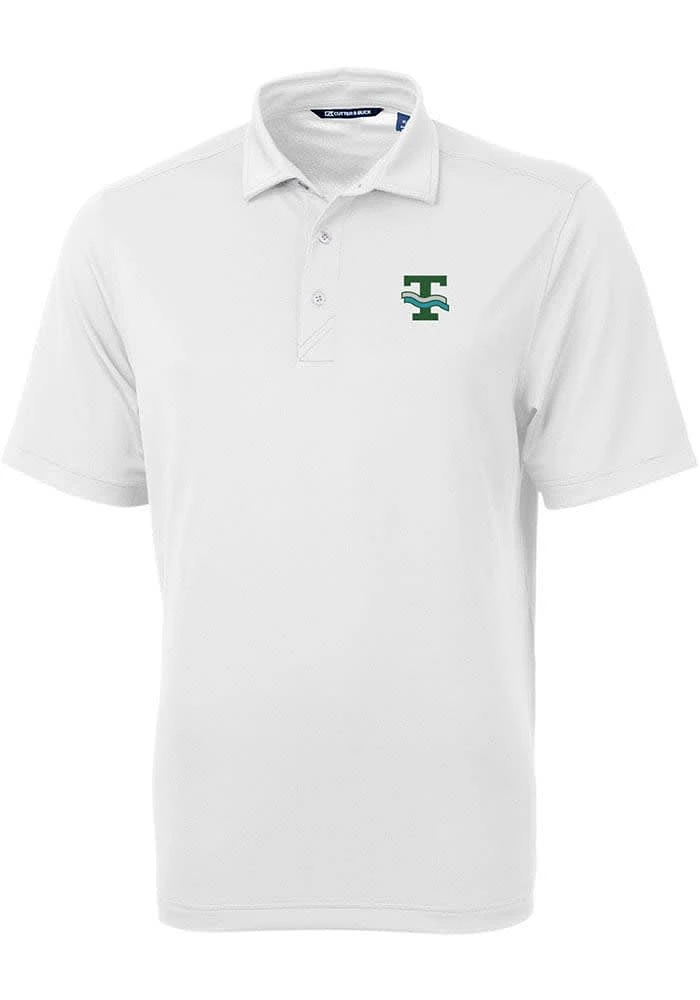 Cutter and Buck Tulane Green Wave Mens White Vault Virtue Eco Pique Short Sleeve Polo
