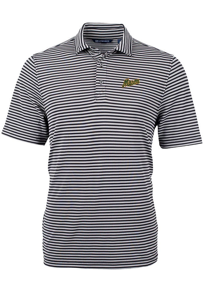 Cutter and Buck George Mason University Mens Black Vault Virtue Eco Pique Stripe Short Sleeve Po..