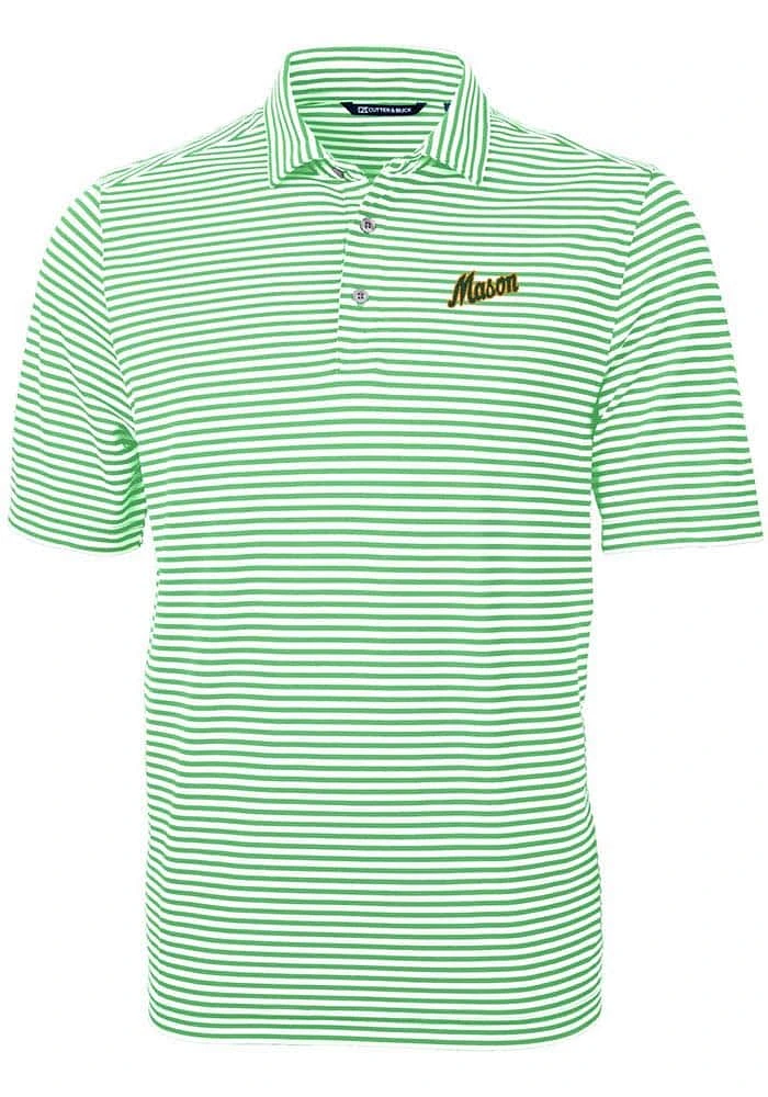 Cutter and Buck George Mason University Mens Kelly Green Vault Virtue Eco Pique Stripe Short Sle..