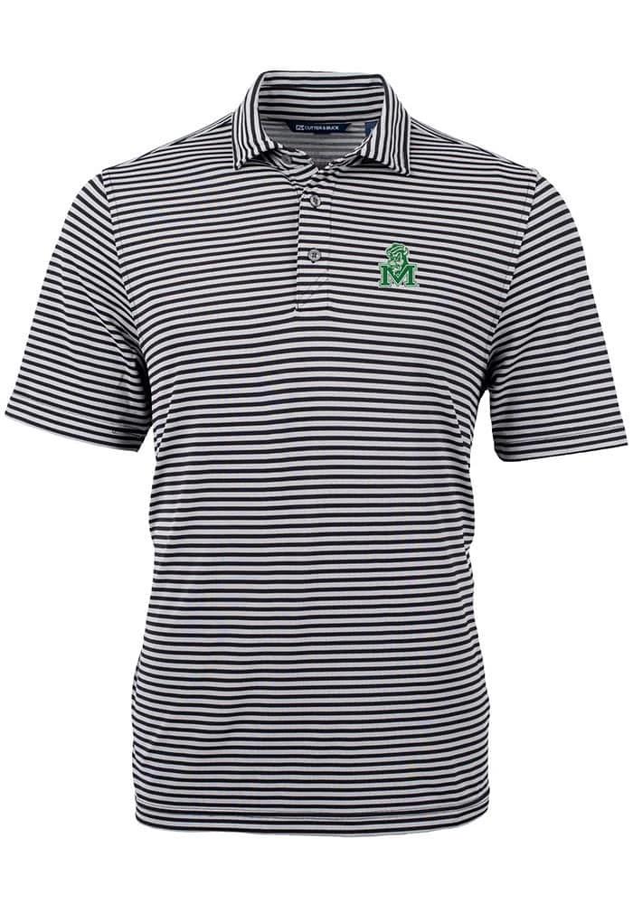 Cutter and Buck Marshall Thundering Herd Mens Black Virtue Eco Pique Stripe Short Sleeve Polo