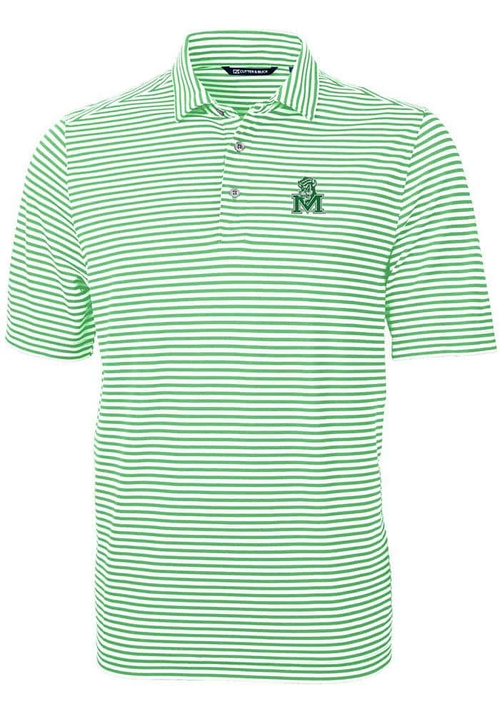 Cutter and Buck Marshall Thundering Herd Mens Green Virtue Eco Pique Stripe Design Short Sleeve ..