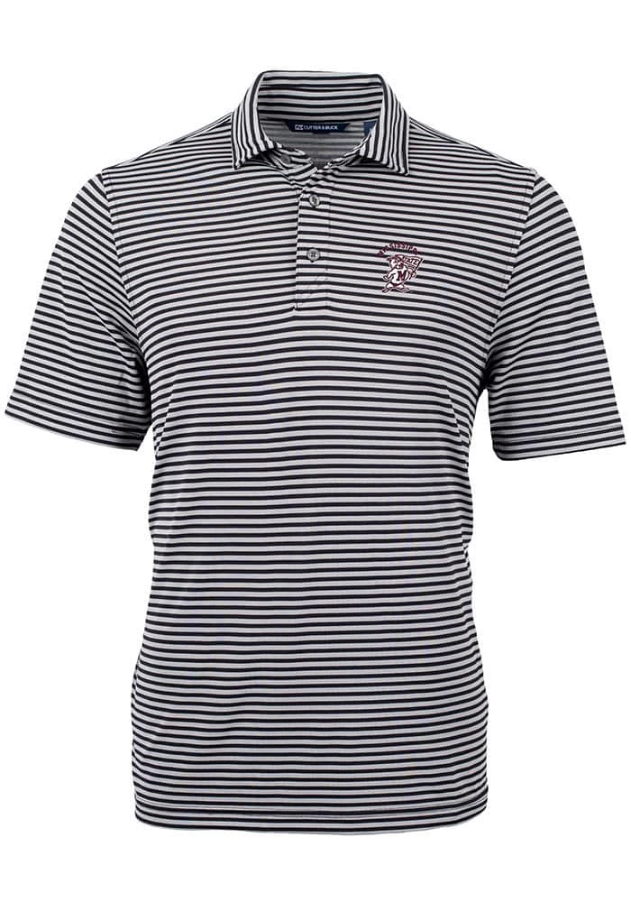 Cutter and Buck Mississippi State Bulldogs Mens Black Vault Virtue Eco Pique Stripe Short Sleeve P..