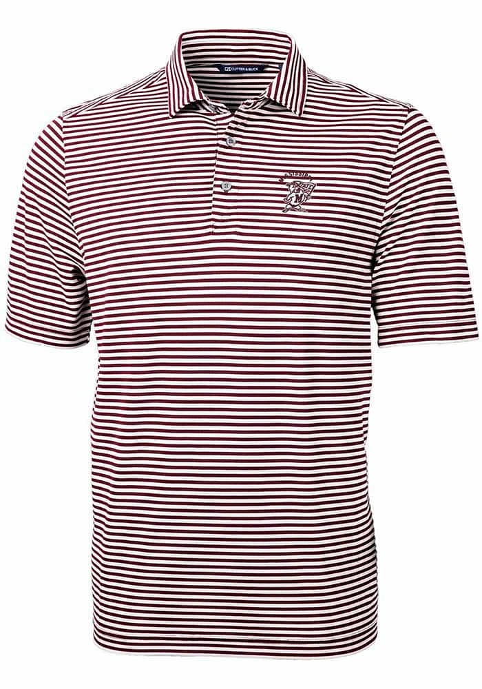 Cutter and Buck Mississippi State Bulldogs Mens Maroon Vault Virtue Eco Pique Stripe Short Sleeve..