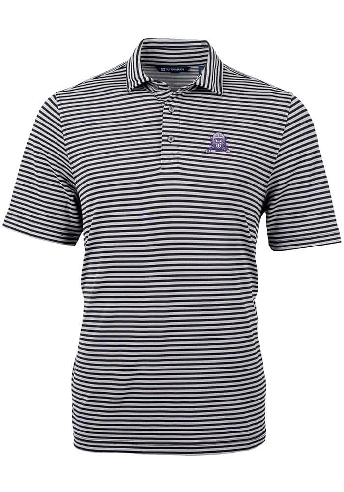 Mens Northwestern Wildcats Black Cutter and Buck Vault Virtue Eco Pique Stripe Short Sleeve Polo..