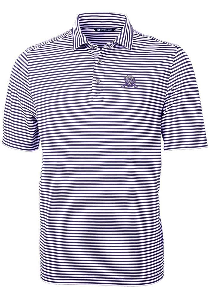 Mens Northwestern Wildcats Purple Cutter and Buck Vault Virtue Eco Pique Stripe Short Sleeve Pol..