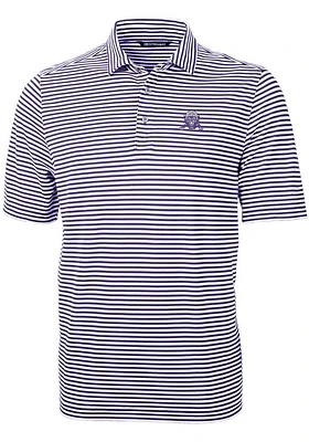 Mens Northwestern Wildcats Purple Cutter and Buck Vault Virtue Eco Pique Stripe Short Sleeve Pol..