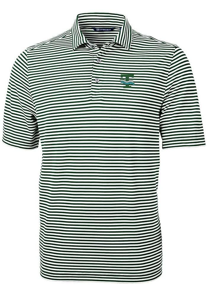 Cutter and Buck Tulane Green Wave Mens Vault Virtue Eco Pique Stripe Short Sleeve Polo
