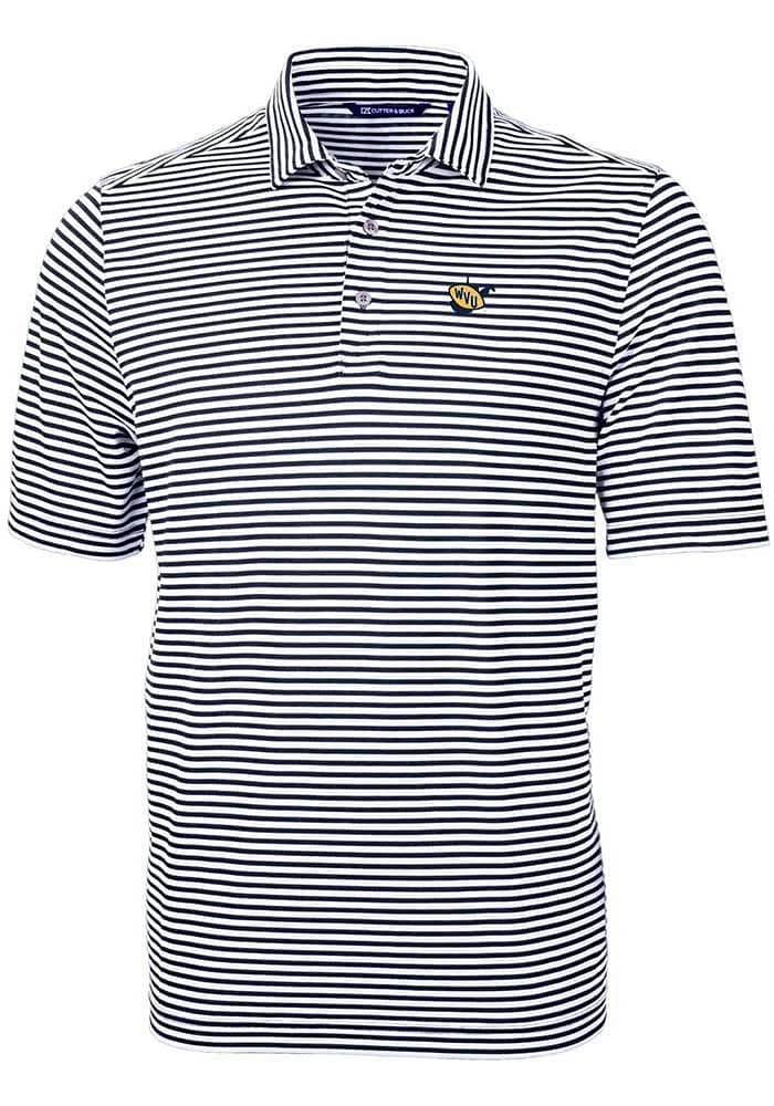 Cutter and Buck West Virginia Mountaineers Mens Navy Blue Vault Virtue Eco Pique Stripe Short Sl..