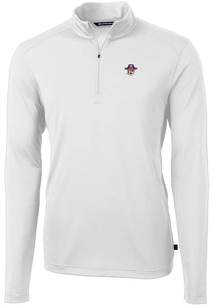 Cutter and Buck East Carolina Pirates Mens White Vault Virtue Eco Pique Long Sleeve Qtr Zip Pull..