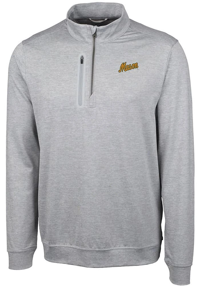 Cutter and Buck George Mason University Mens Grey Stealth Heathered Long Sleeve Qtr Zip Pullover