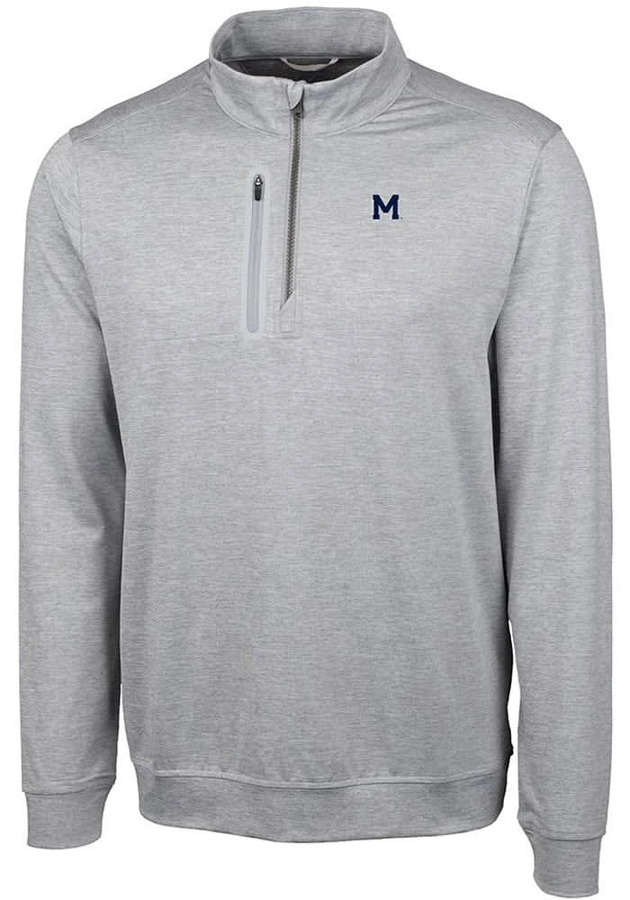 Cutter and Buck Michigan Wolverines Mens Stealth Heathered Long Sleeve Qtr Zip Pullover