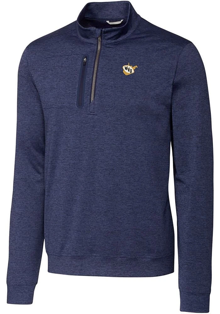 Cutter and Buck West Virginia Mountaineers Mens Navy Blue Stealth Heathered Long Sleeve Qtr Zip Pu..