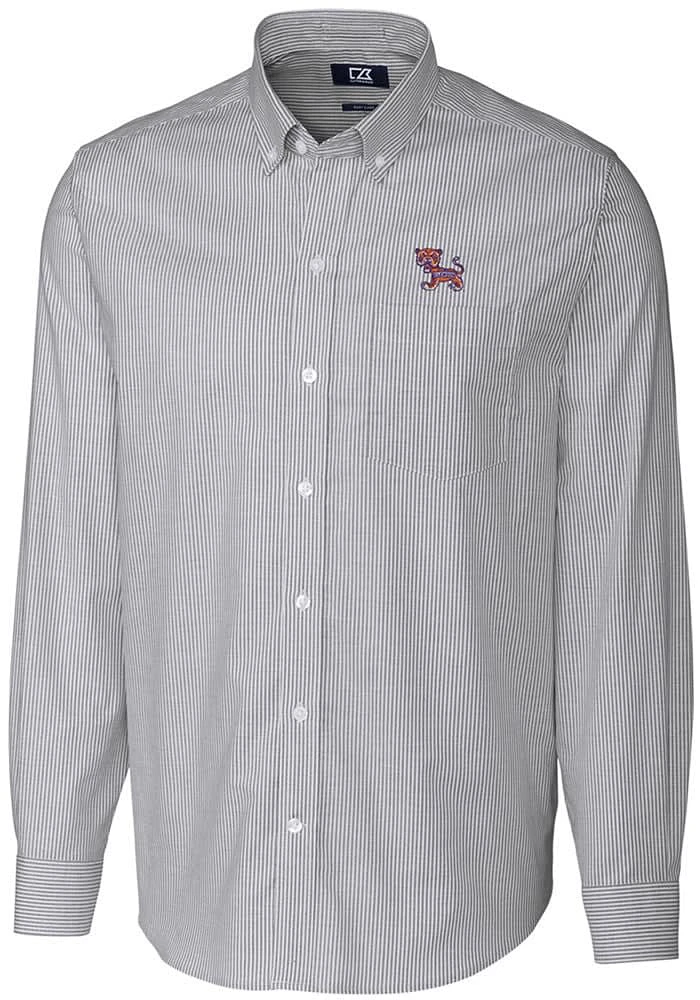 Cutter and Buck Clemson Tigers Mens Charcoal Stretch Oxford Stripe Long Sleeve Dress Shirt