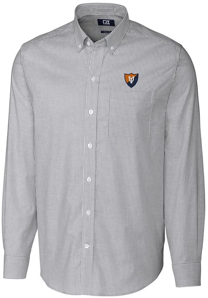 Mens Illinois Fighting Illini Charcoal Cutter and Buck Vault Stretch Oxford Stripe Long Sleeve D..