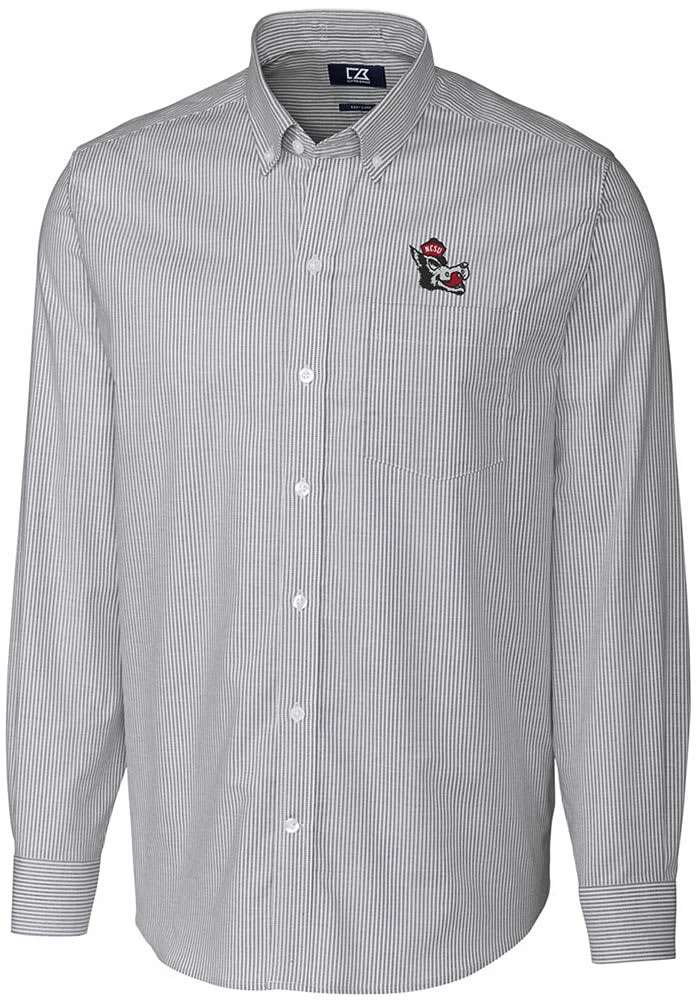 Cutter and Buck NC State Wolfpack Mens Charcoal Stretch Oxford Stripe Long Sleeve Dress Shirt