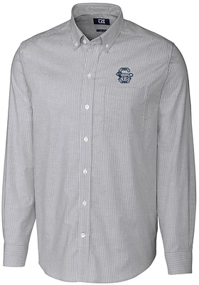 Mens Penn State Nittany Lions Charcoal Cutter and Buck Vault Stretch Oxford Stripe Long Sleeve D..