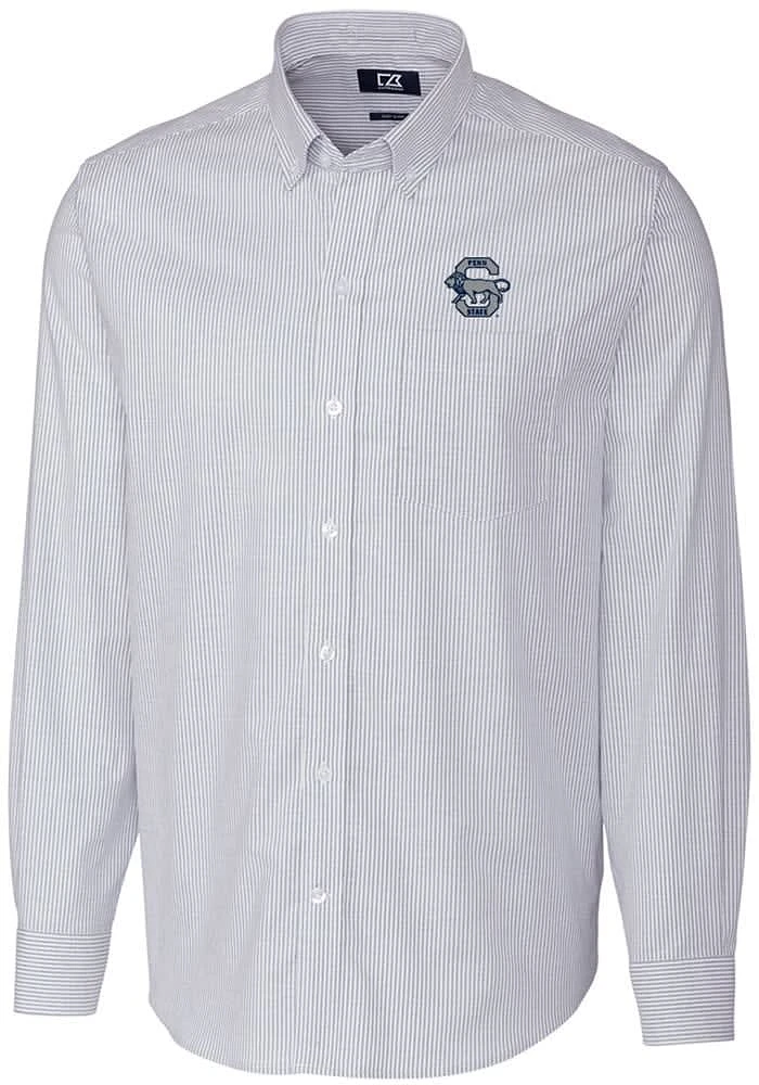 Cutter and Buck Penn State Nittany Lions Mens Light Blue Stretch Oxford Stripe Long Sleeve Dress S..