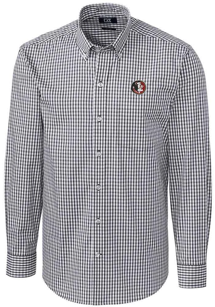 Cutter and Buck Florida State Seminoles Mens Charcoal Vault Easy Care Gingham Long Sleeve Dress Sh..