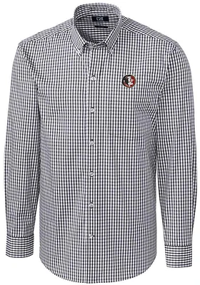 Cutter and Buck Florida State Seminoles Mens Charcoal Vault Easy Care Gingham Long Sleeve Dress Sh..