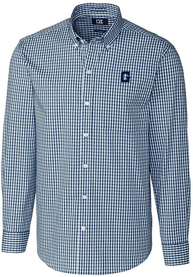 Cutter and Buck Georgetown Hoyas Mens Navy Blue Vault Easy Care Gingham Long Sleeve Dress Shirt