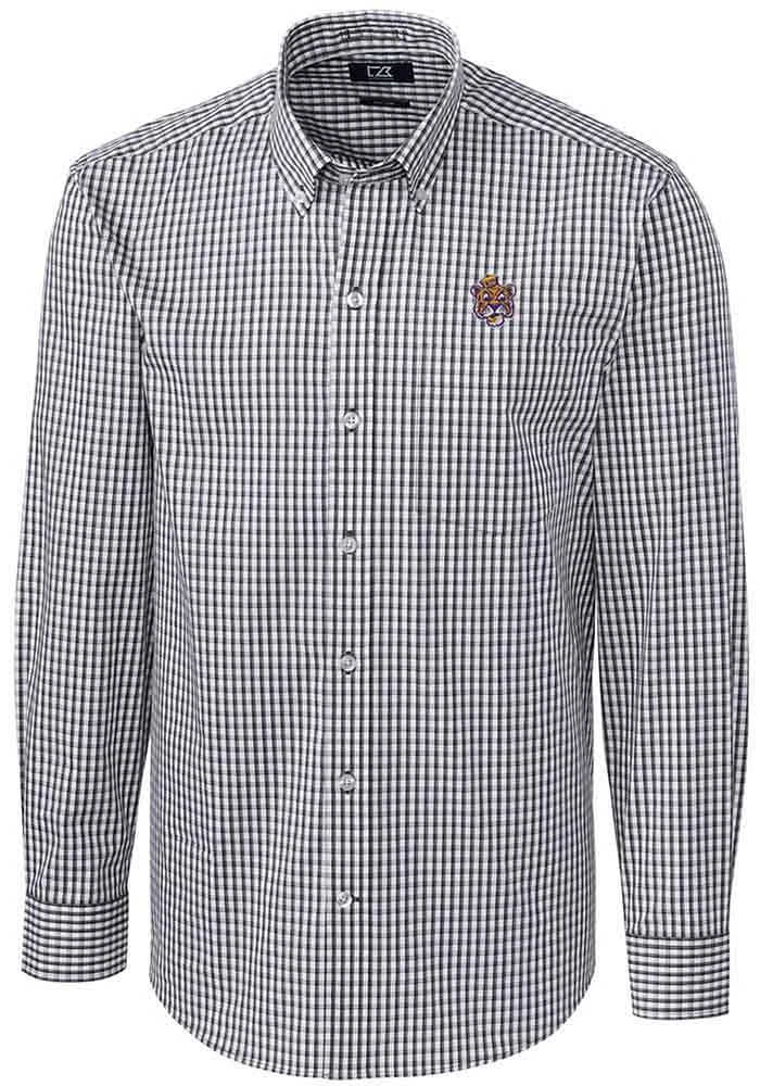 Cutter and Buck LSU Tigers Mens Charcoal Easy Care Gingham Design Long Sleeve Dress Shirt