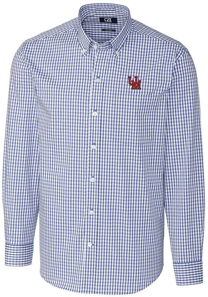 Cutter and Buck Ole Miss Rebels Mens Blue Easy Care Gingham Long Sleeve Dress Shirt