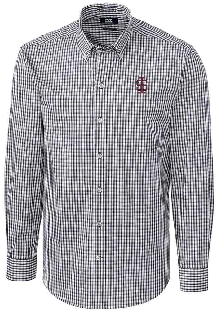 Cutter and Buck Southern Illinois Salukis Mens Charcoal Easy Care Gingham Long Sleeve Dress Shirt