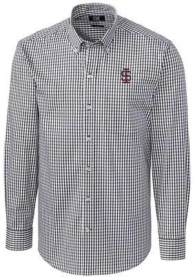 Cutter and Buck Southern Illinois Salukis Mens Charcoal Easy Care Gingham Long Sleeve Dress Shirt