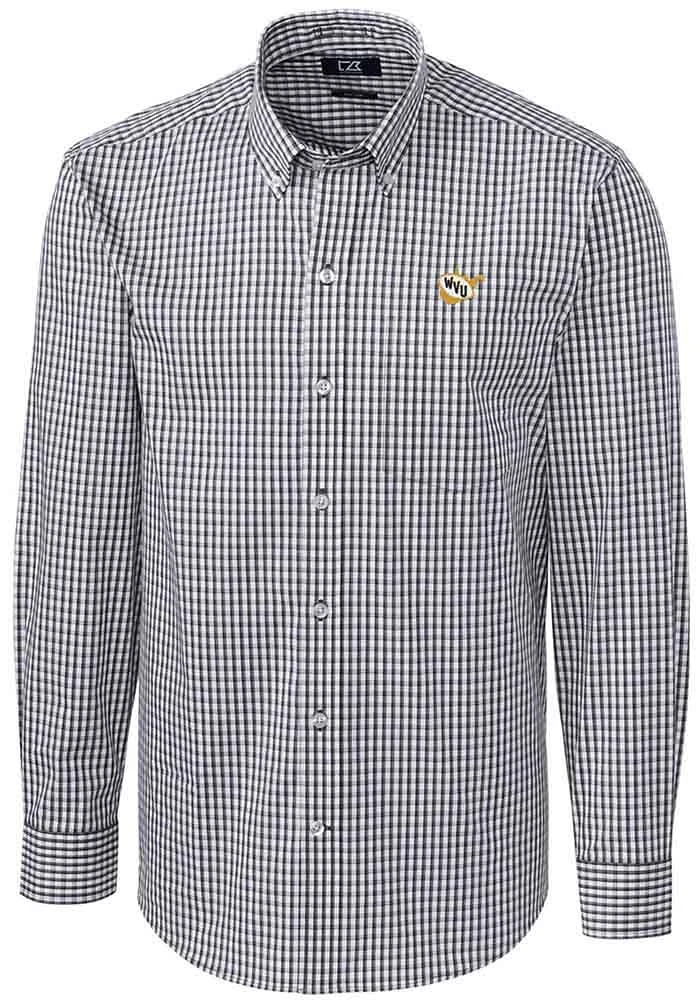 Cutter and Buck West Virginia Mountaineers Mens Charcoal Easy Care Gingham Long Sleeve Dress Shirt