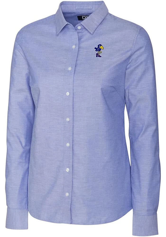 Cutter and Buck Kansas Jayhawks Womens Vault Stretch Oxford Long Sleeve Blue Dress Shirt