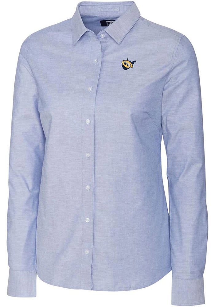 Cutter and Buck West Virginia Mountaineers Womens Stretch Oxford Long Sleeve Light Blue Dress Sh..