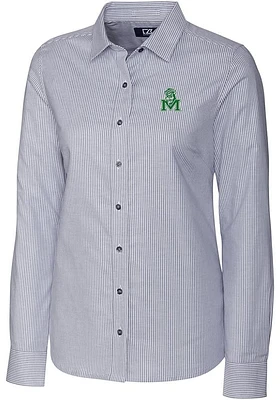 Cutter and Buck Marshall Thundering Herd Womens Stretch Oxford Stripe Long Sleeve Grey Dress Shirt