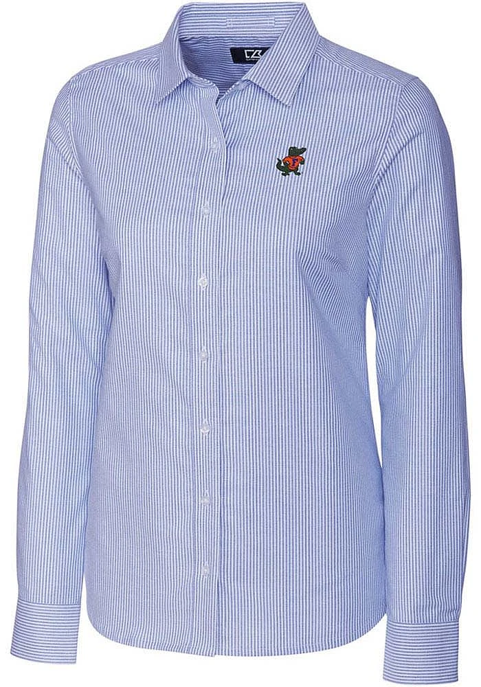 Cutter and Buck Florida Gators Womens Vault Stretch Oxford Stripe Long Sleeve Blue Dress Shirt