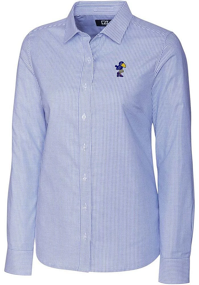 Cutter and Buck Kansas Jayhawks Womens Vault Stretch Oxford Stripe Long Sleeve Blue Dress Shirt