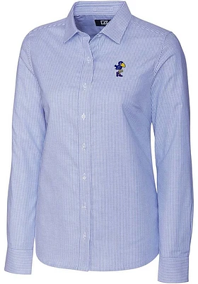 Cutter and Buck Kansas Jayhawks Womens Vault Stretch Oxford Stripe Long Sleeve Blue Dress Shirt