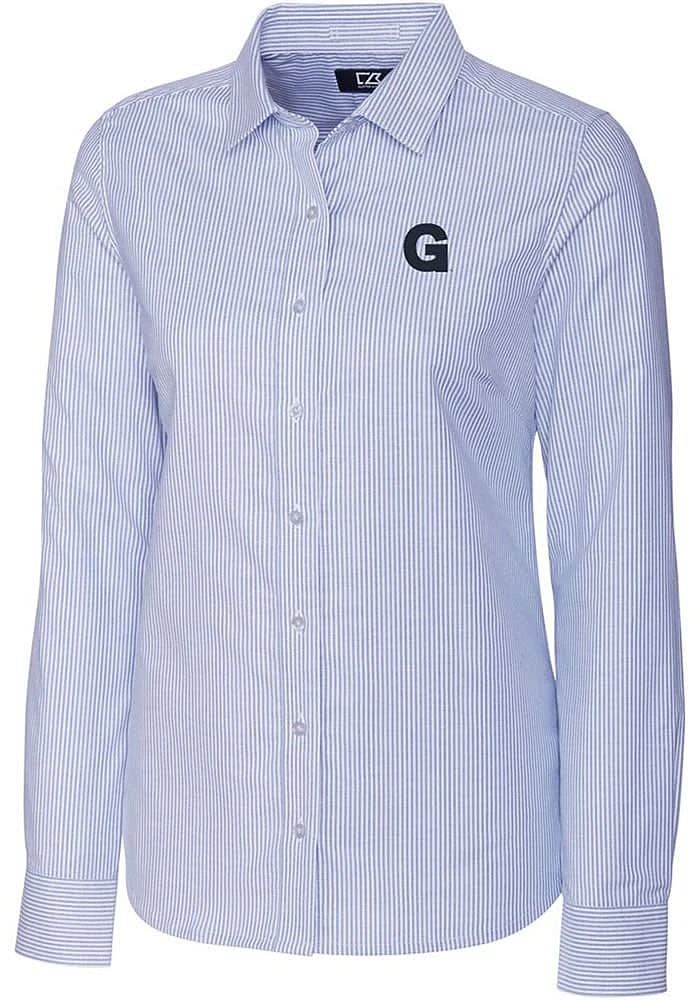 Cutter and Buck Gonzaga Bulldogs Womens Stretch Oxford Stripe Long Sleeve Light Blue Dress Shirt
