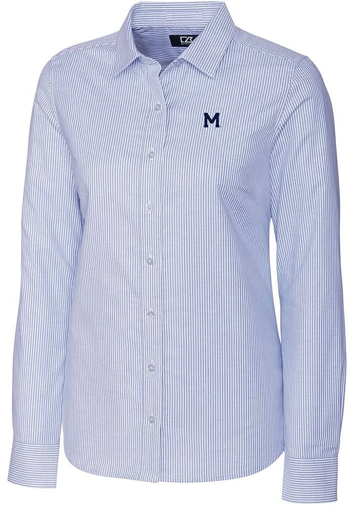 Cutter and Buck Michigan Wolverines Womens Stretch Oxford Stripe Long Sleeve Light Blue Dress Shir..