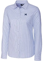 Cutter and Buck Michigan Wolverines Womens Stretch Oxford Stripe Long Sleeve Light Blue Dress Shir..