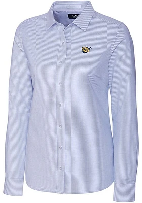 Cutter and Buck West Virginia Mountaineers Womens Stretch Oxford Stripe Long Sleeve Light Blue Dre..