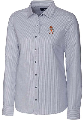 Cutter and Buck Oklahoma State Cowboys Womens Stretch Oxford Stripe Long Sleeve Grey Dress Shirt