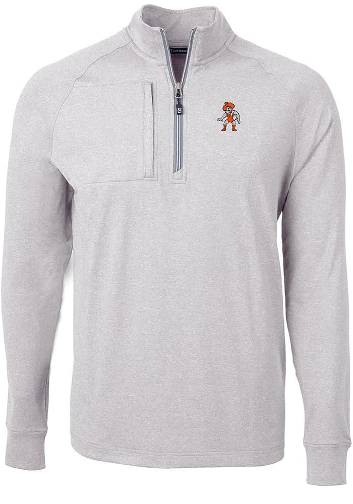 Cutter and Buck Oklahoma State Cowboys Mens Grey Wresting Pete Adapt Eco Long Sleeve Qtr Zip Pul..