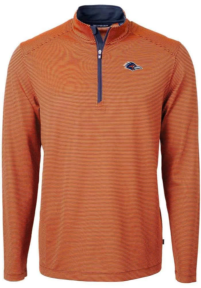 Cutter and Buck UTSA Roadrunners Mens Orange Virtue Eco Pique Micro Stripe Long Sleeve Qtr Zip Pul..